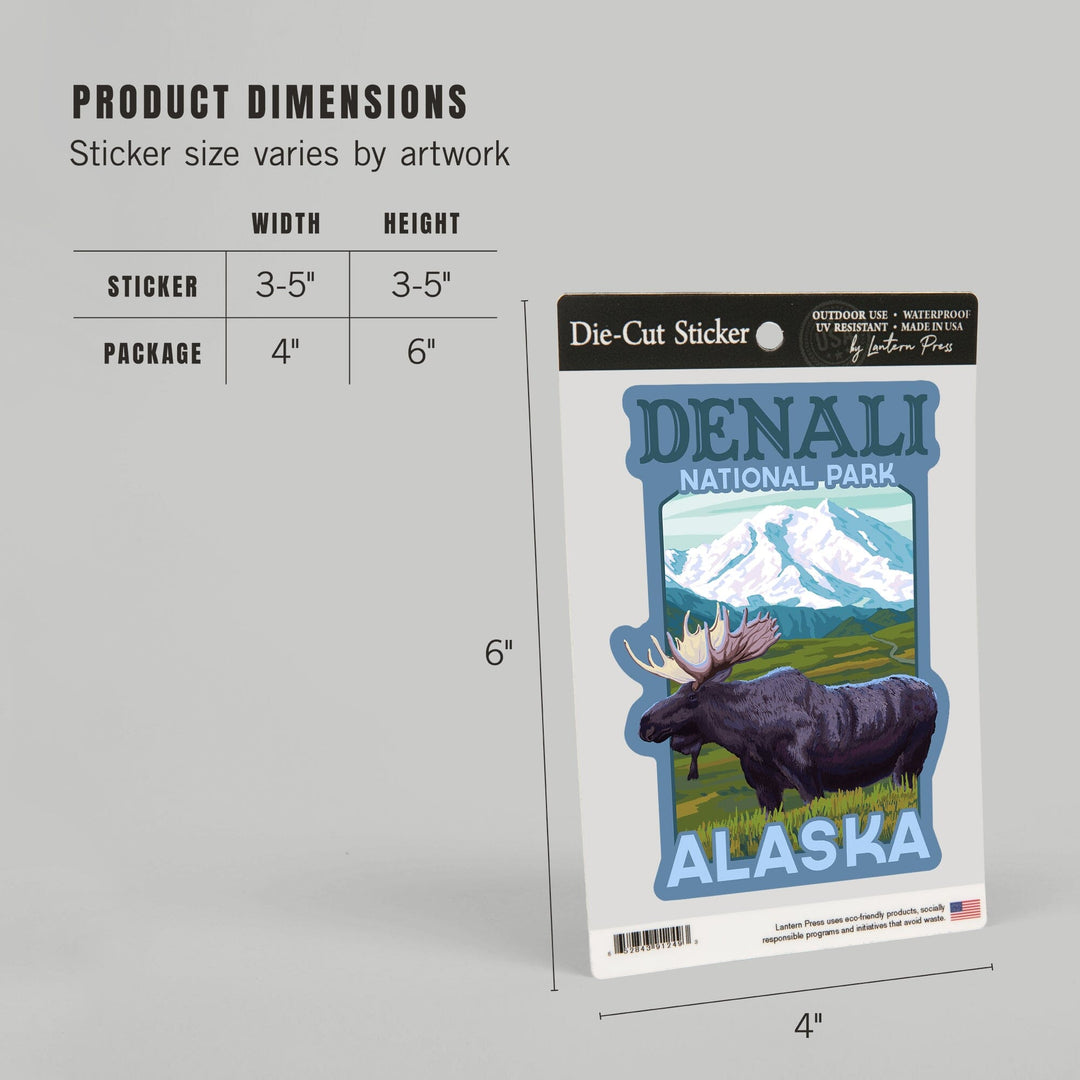 Denali National Park, Alaska, Moose & Snowy Mountain, Contour, Lantern Press Artwork, Vinyl Sticker Sticker Lantern Press 