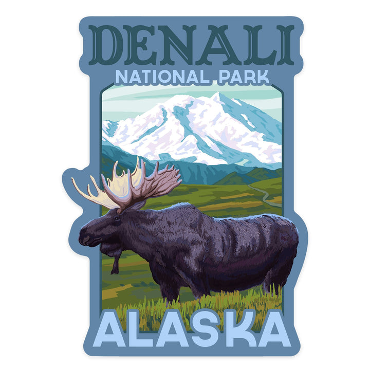 Denali National Park, Alaska, Moose & Snowy Mountain, Contour, Lantern Press Artwork, Vinyl Sticker Sticker Lantern Press 