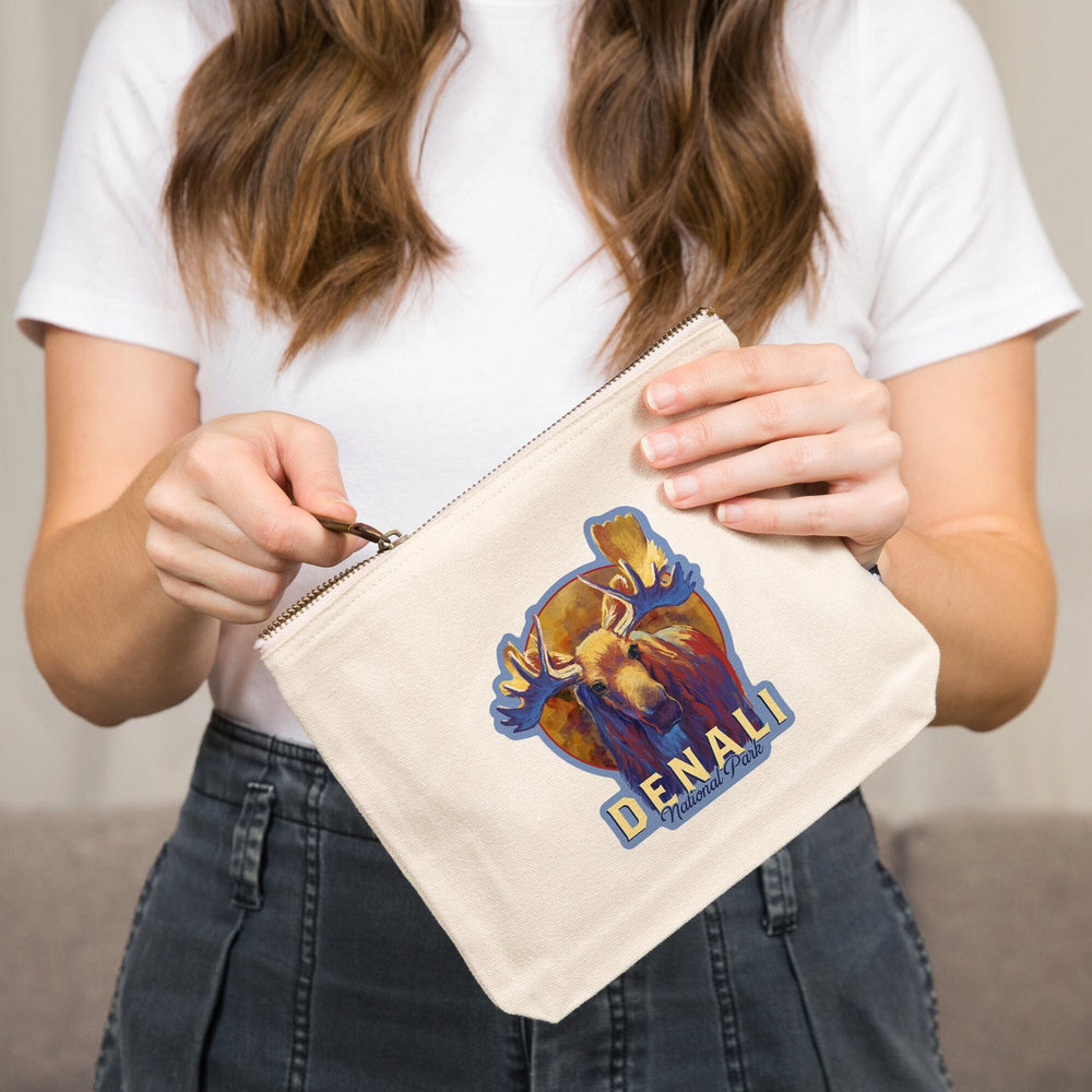 Denali National Park, Alaska, Moose, Vivid,, Organic Cotton Zipper Pouch, Go Bag Go Bag Lantern Press 
