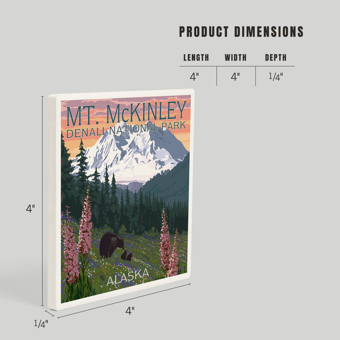 Denali National Park, Alaska, Mount McKinley, Bear and Cubs with Flowers, Coasters Coasters Lantern Press 