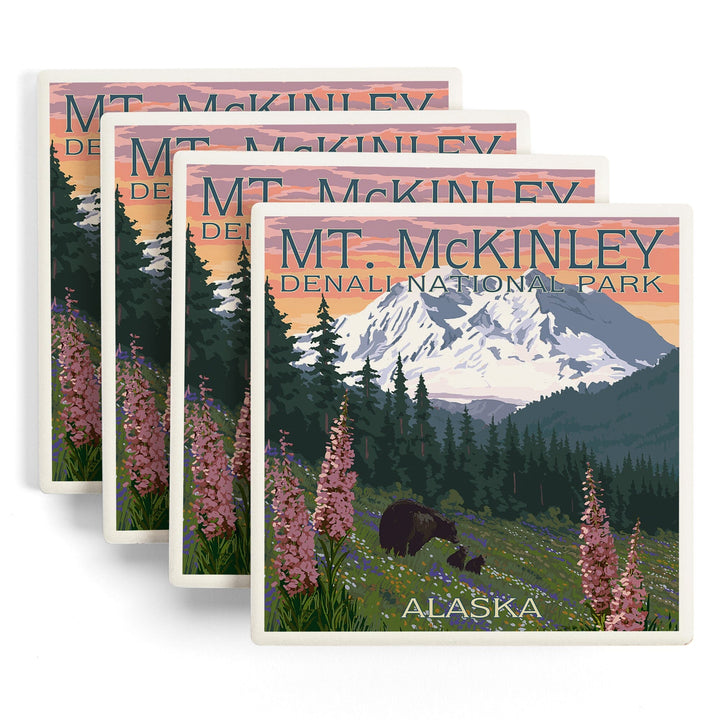 Denali National Park, Alaska, Mount McKinley, Bear and Cubs with Flowers, Coasters Coasters Lantern Press 