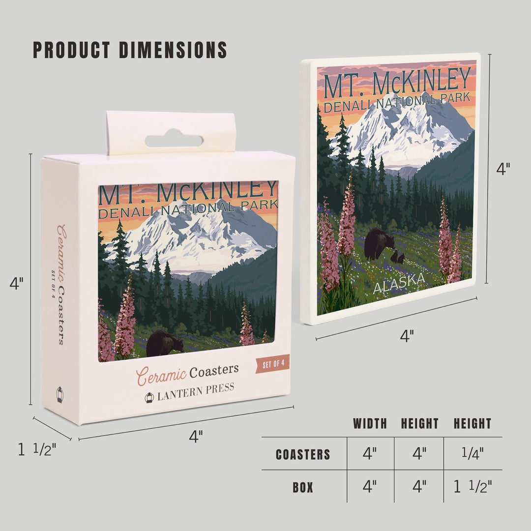 Denali National Park, Alaska, Mount McKinley, Bear and Cubs with Flowers, Coasters Coasters Lantern Press 