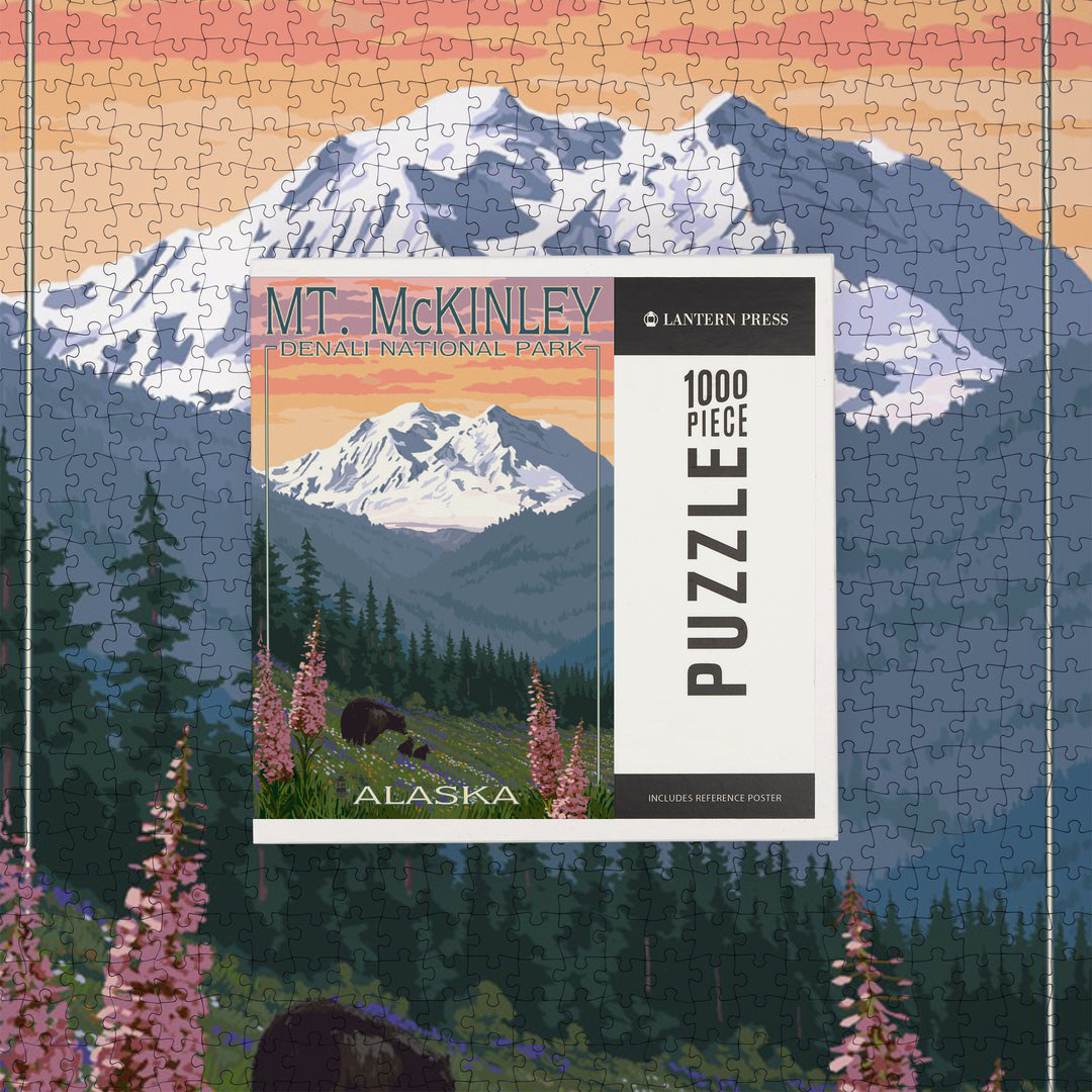 Denali National Park, Alaska, Mount McKinley, Bear and Cubs with Flowers, Jigsaw Puzzle Puzzle Lantern Press 