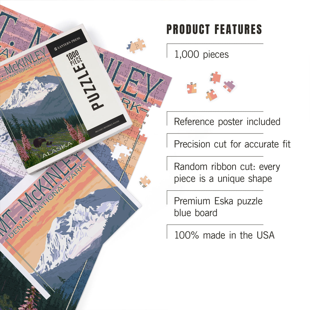 Denali National Park, Alaska, Mount McKinley, Bear and Cubs with Flowers, Jigsaw Puzzle Puzzle Lantern Press 