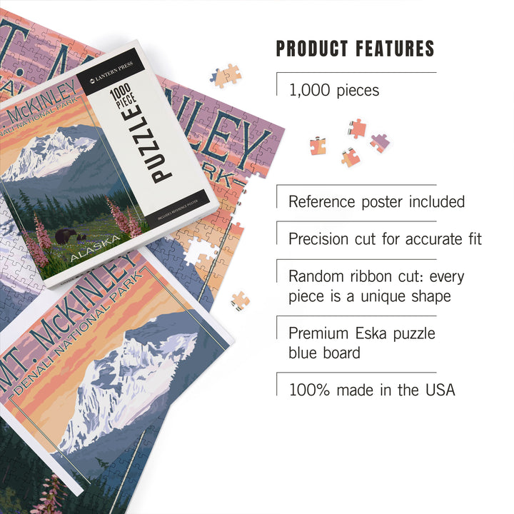 Denali National Park, Alaska, Mount McKinley, Bear and Cubs with Flowers, Jigsaw Puzzle Puzzle Lantern Press 