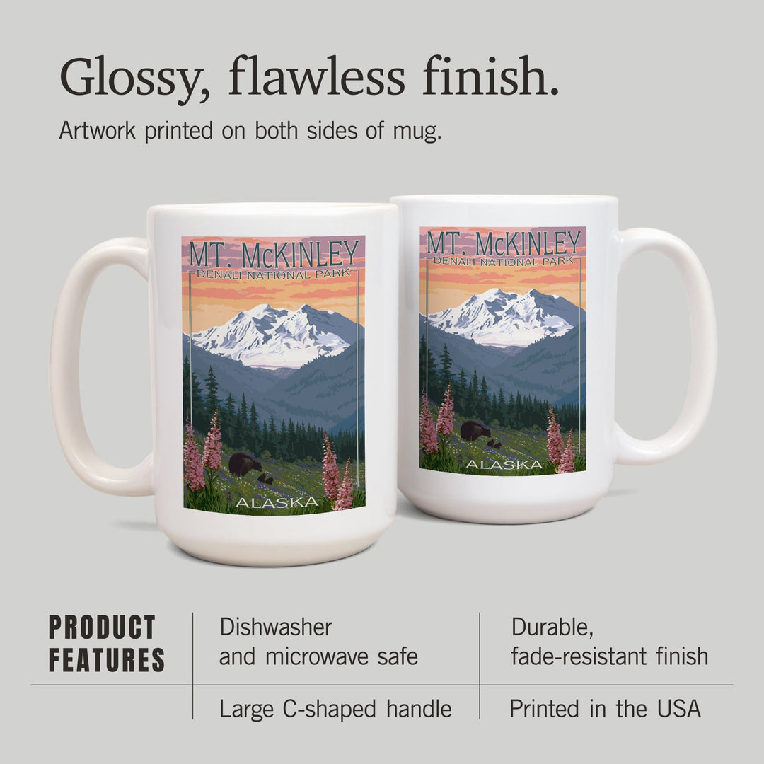 Denali National Park, Alaska, Mount McKinley, Bear and Cubs with Flowers, Lantern Press Artwork, Ceramic Mug Mugs Lantern Press 