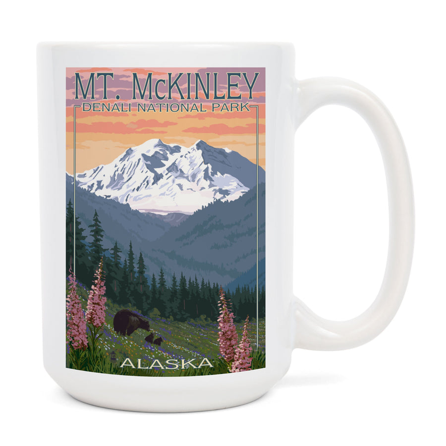 Denali National Park, Alaska, Mount McKinley, Bear and Cubs with Flowers, Lantern Press Artwork, Ceramic Mug Mugs Lantern Press 