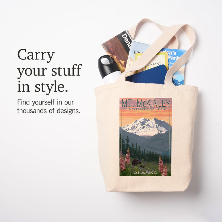 Denali National Park, Alaska, Mount McKinley, Bear and Cubs with Flowers, Tote Bag Totes Lantern Press 