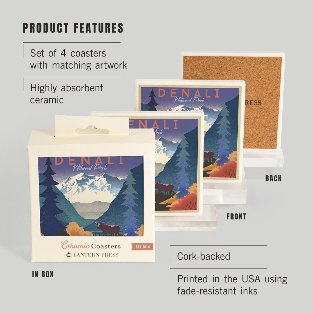 Denali National Park, Alaska, Mountain Scene, Lithograph, Coasters Coasters Lantern Press 