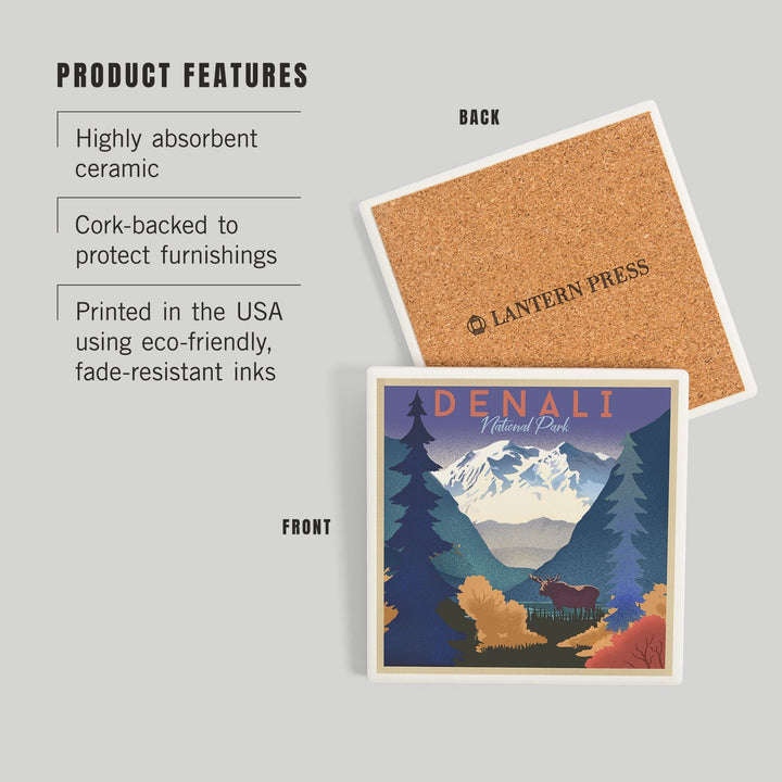 Denali National Park, Alaska, Mountain Scene, Lithograph, Coasters Coasters Lantern Press 