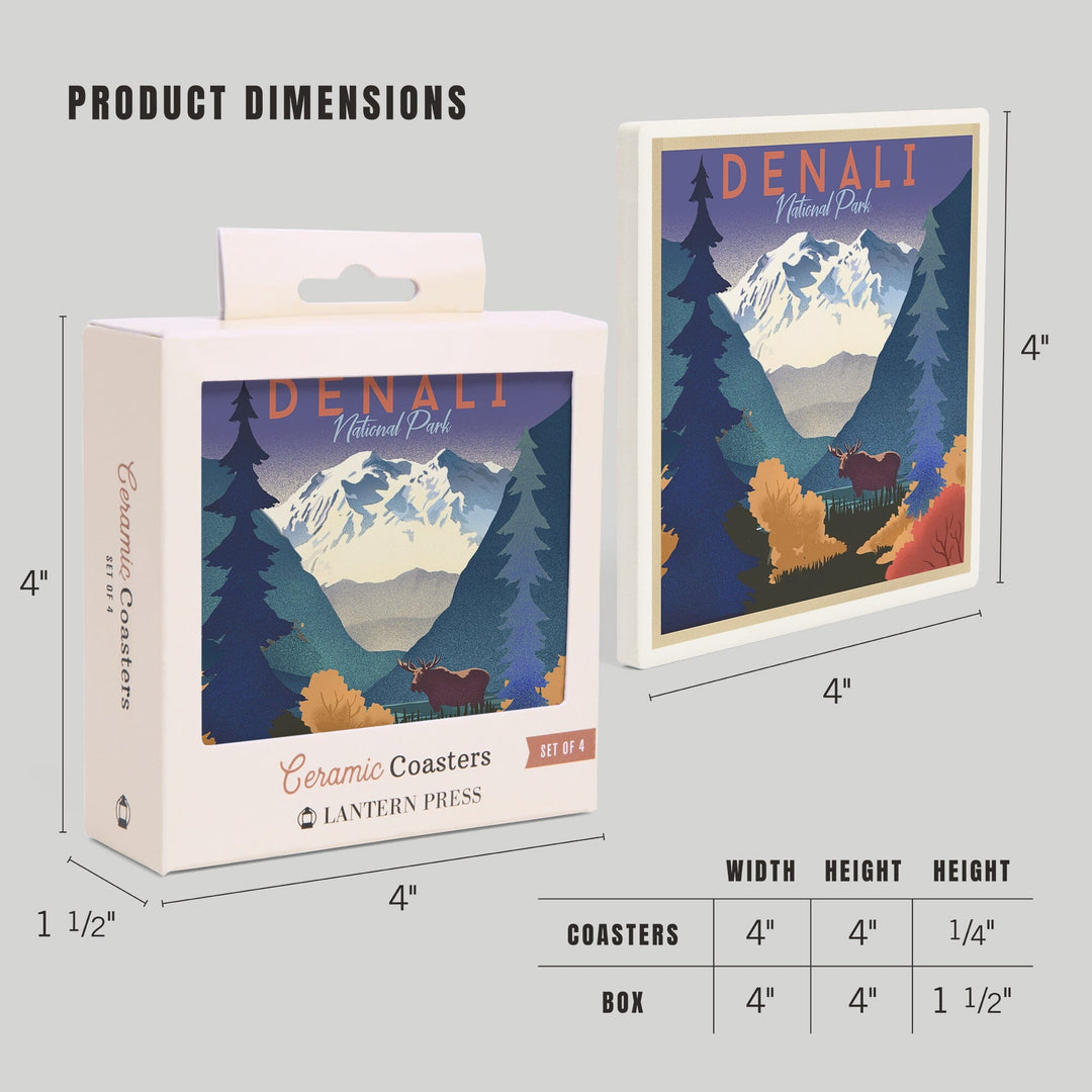 Denali National Park, Alaska, Mountain Scene, Lithograph, Coasters Coasters Lantern Press 