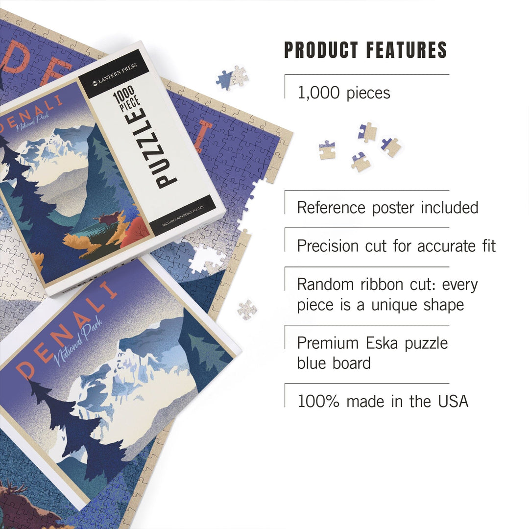 Denali National Park, Alaska, Mountain Scene, Lithograph, Jigsaw Puzzle Puzzle Lantern Press 