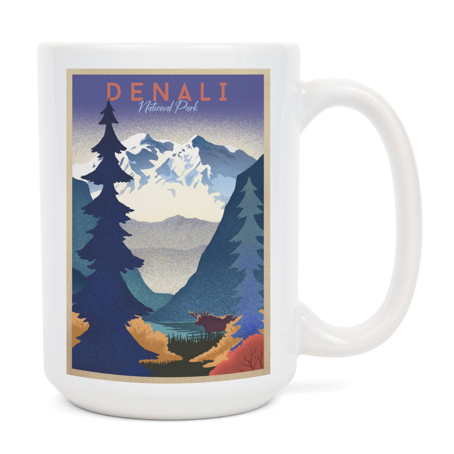 Denali National Park, Alaska, Mountain Scene, Lithograph, Lantern Press Artwork, Ceramic Mug Mugs Lantern Press 