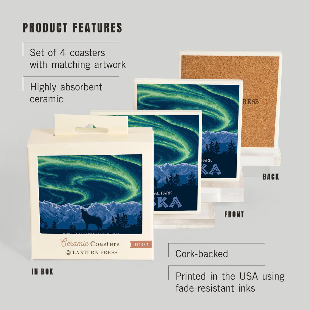 Denali National Park, Alaska, Northern Lights, Coasters Coasters Lantern Press 