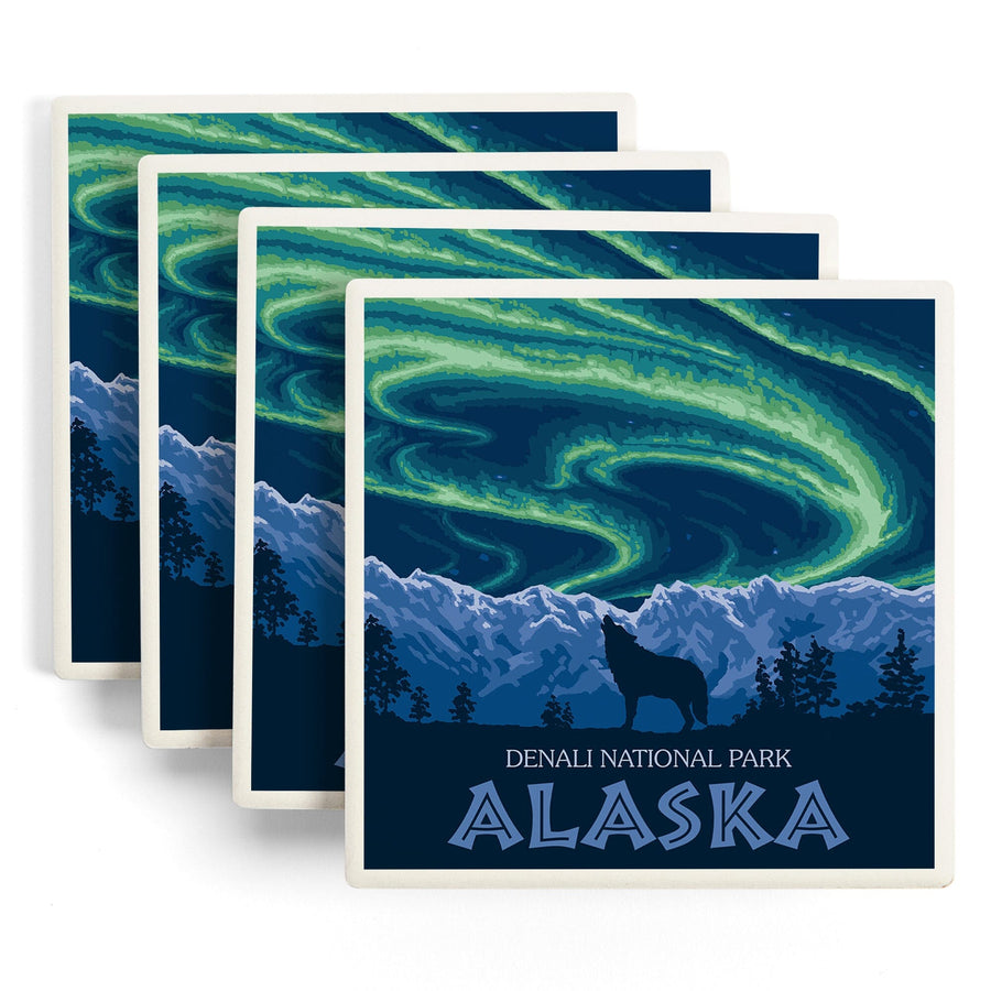 Denali National Park, Alaska, Northern Lights, Lantern Press Artwork, Coaster Set - Lantern Press