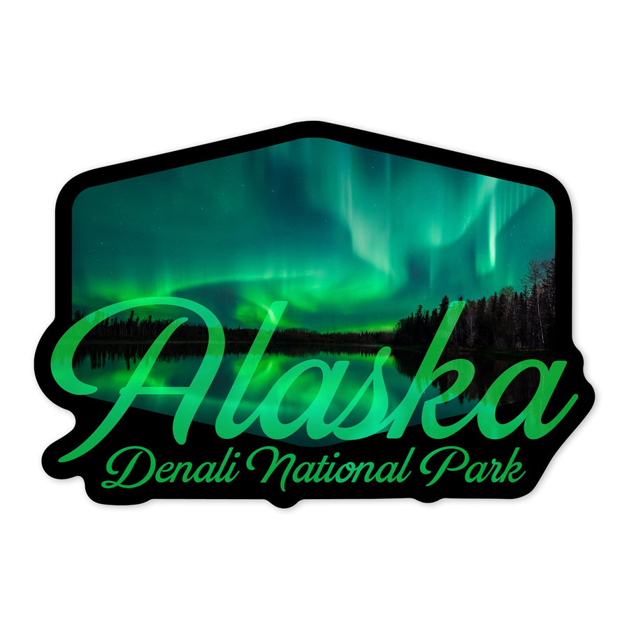 Denali National Park, Alaska, Northern Lights over Lake, Contour, Vinyl Sticker - Lantern Press