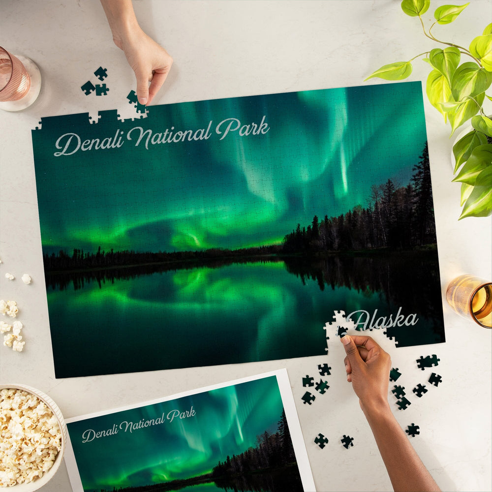 Denali National Park, Alaska, Northern Lights over Lake, Jigsaw Puzzle Puzzle Lantern Press 