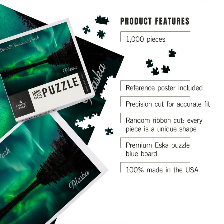 Denali National Park, Alaska, Northern Lights over Lake, Jigsaw Puzzle Puzzle Lantern Press 