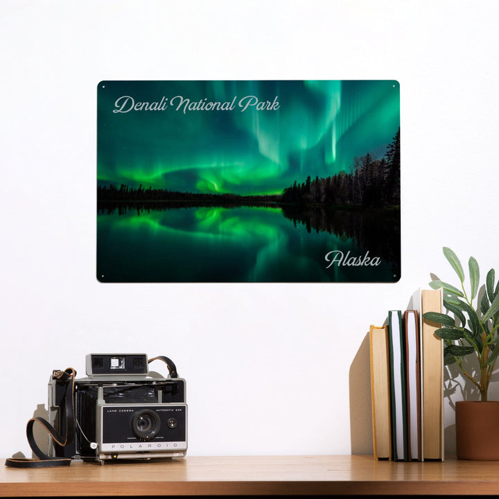 Denali National Park, Alaska, Northern Lights over Lake, Metal Signs Metal Lantern Press 