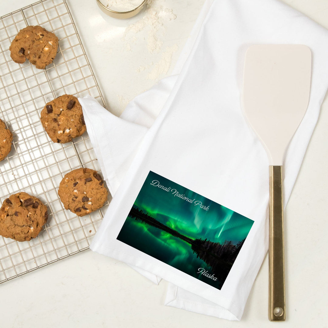 Denali National Park, Alaska, Northern Lights over Lake, Organic Cotton Kitchen Tea Towels Kitchen Lantern Press 
