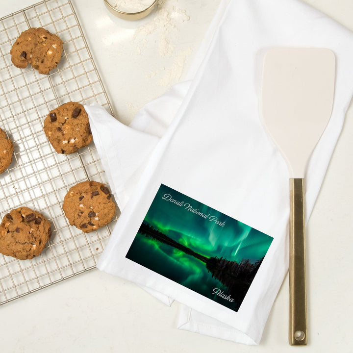 Denali National Park, Alaska, Northern Lights over Lake, Organic Cotton Kitchen Tea Towels Kitchen Lantern Press 