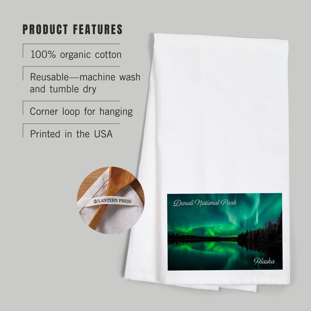 Denali National Park, Alaska, Northern Lights over Lake, Organic Cotton Kitchen Tea Towels Kitchen Lantern Press 