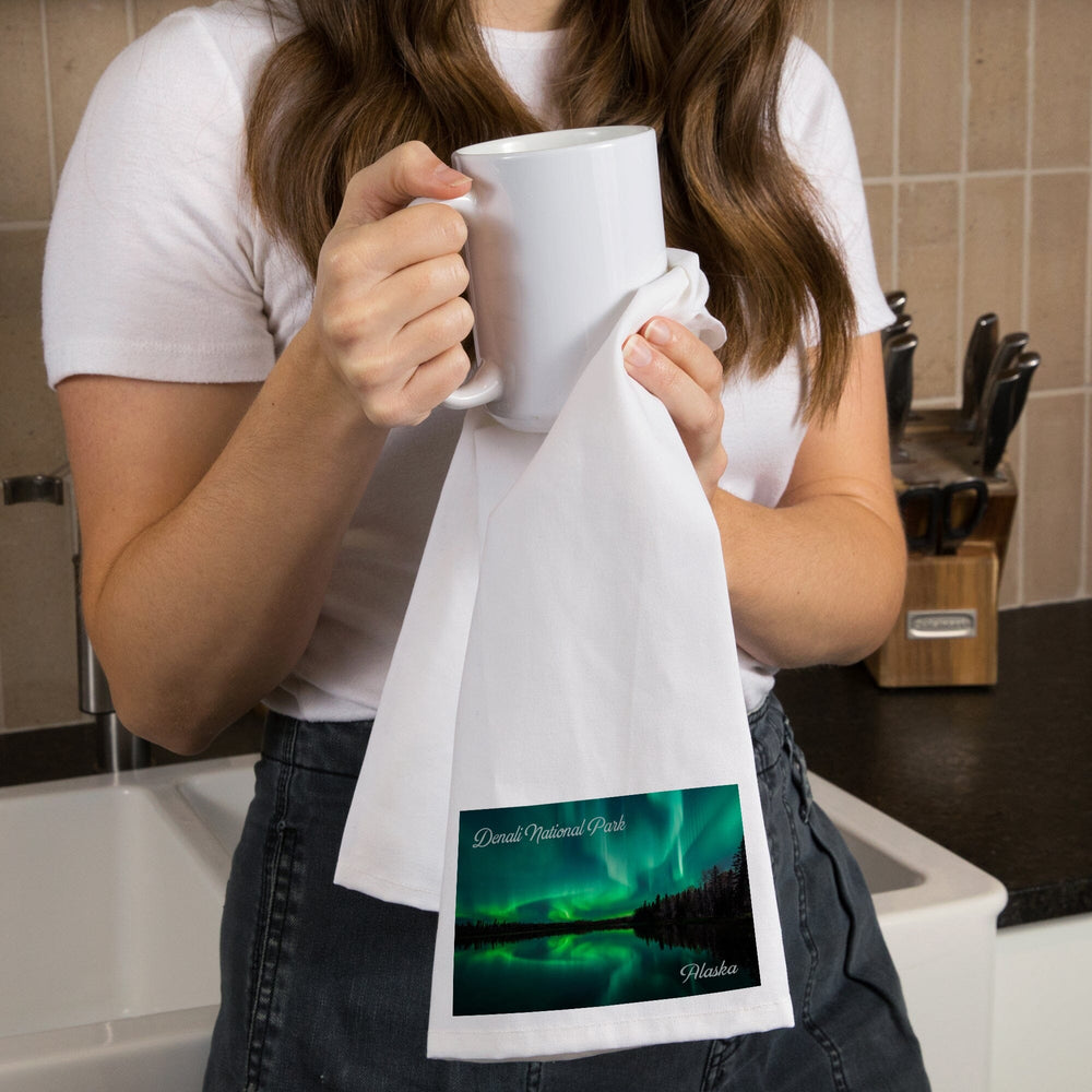 Denali National Park, Alaska, Northern Lights over Lake, Organic Cotton Kitchen Tea Towels Kitchen Lantern Press 