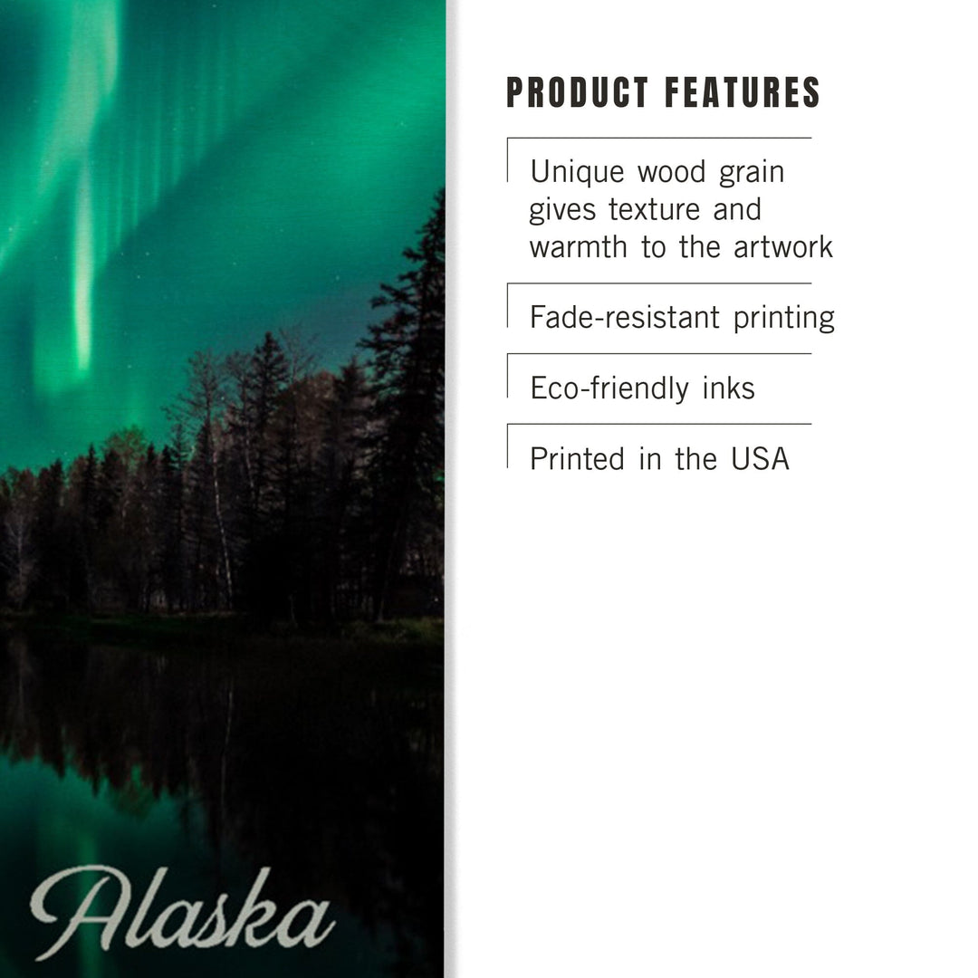 Denali National Park, Alaska, Northern Lights over Lake, Wood Signs and Postcards Wood Lantern Press 
