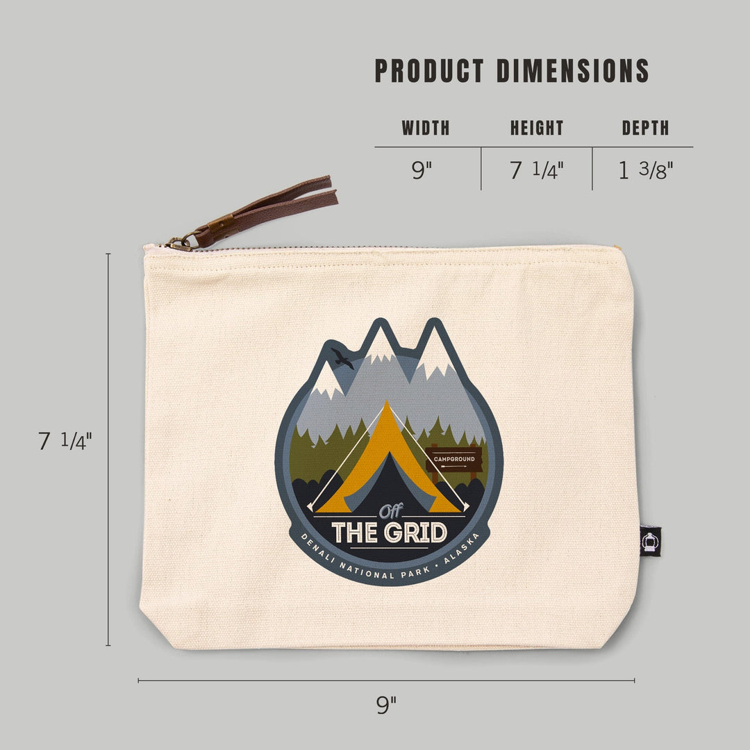 Denali National Park, Alaska, Off the Grid, Tent, Organic Cotton Zipper Pouch, Go Bag Go Bag Lantern Press 