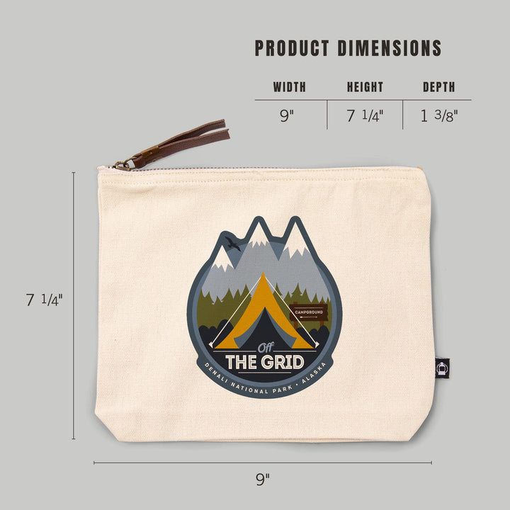 Denali National Park, Alaska, Off the Grid, Tent, Organic Cotton Zipper Pouch, Go Bag Go Bag Lantern Press 