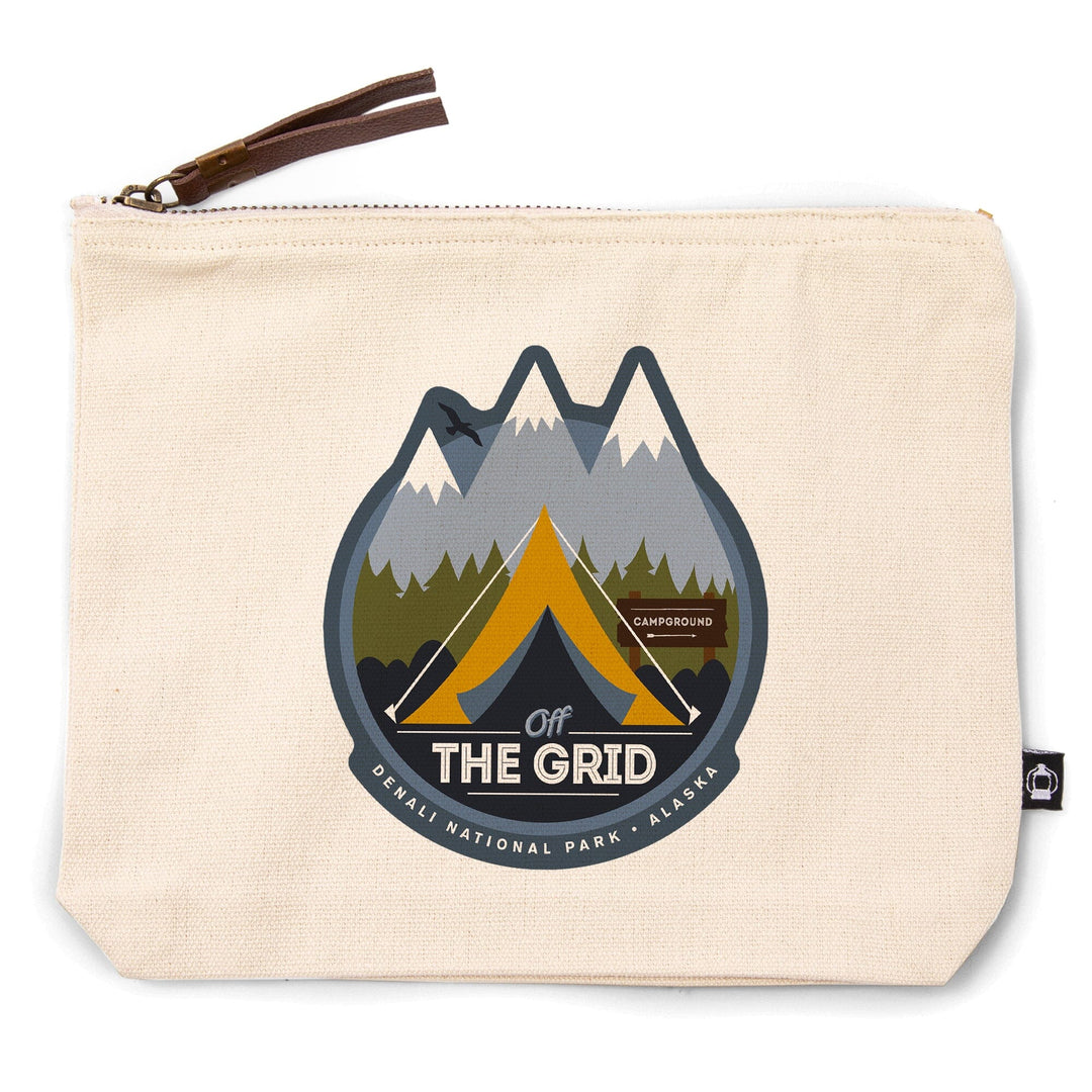 Denali National Park, Alaska, Off the Grid, Tent, Organic Cotton Zipper Pouch, Go Bag Go Bag Lantern Press 
