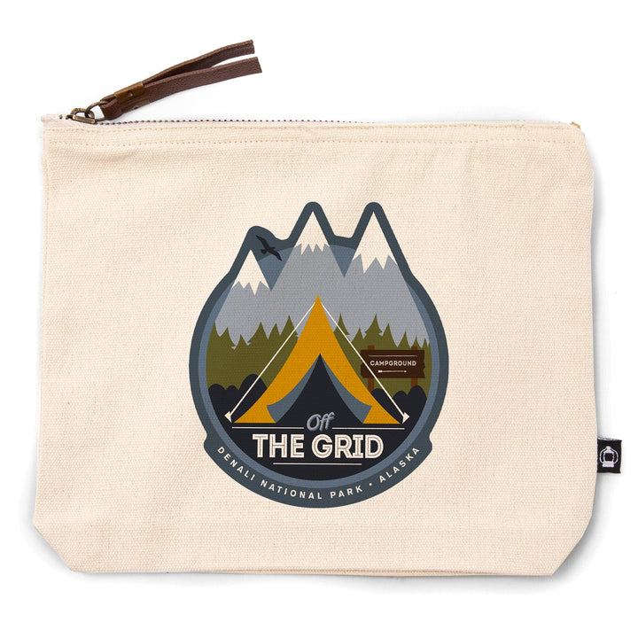 Denali National Park, Alaska, Off the Grid, Tent, Organic Cotton Zipper Pouch, Go Bag Go Bag Lantern Press 