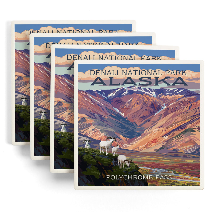 Denali National Park, Alaska, Polychrome Pass, Painterly National Park Series, Lantern Press Artwork, Coaster Set - Lantern Press