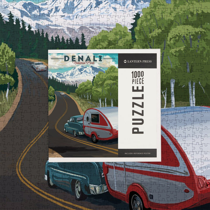 Denali National Park, Alaska, Retro Camper on Road, Jigsaw Puzzle Puzzle Lantern Press 