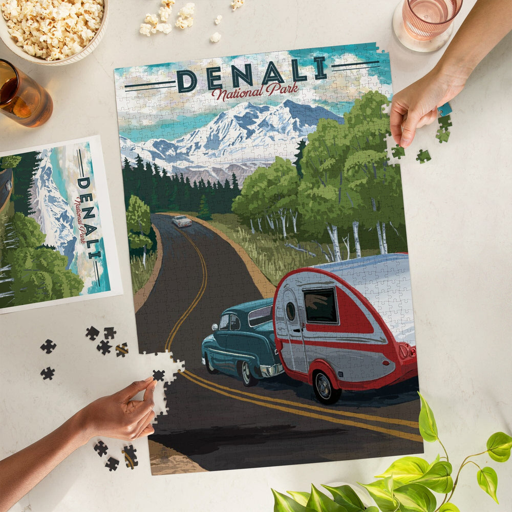 Denali National Park, Alaska, Retro Camper on Road, Jigsaw Puzzle Puzzle Lantern Press 
