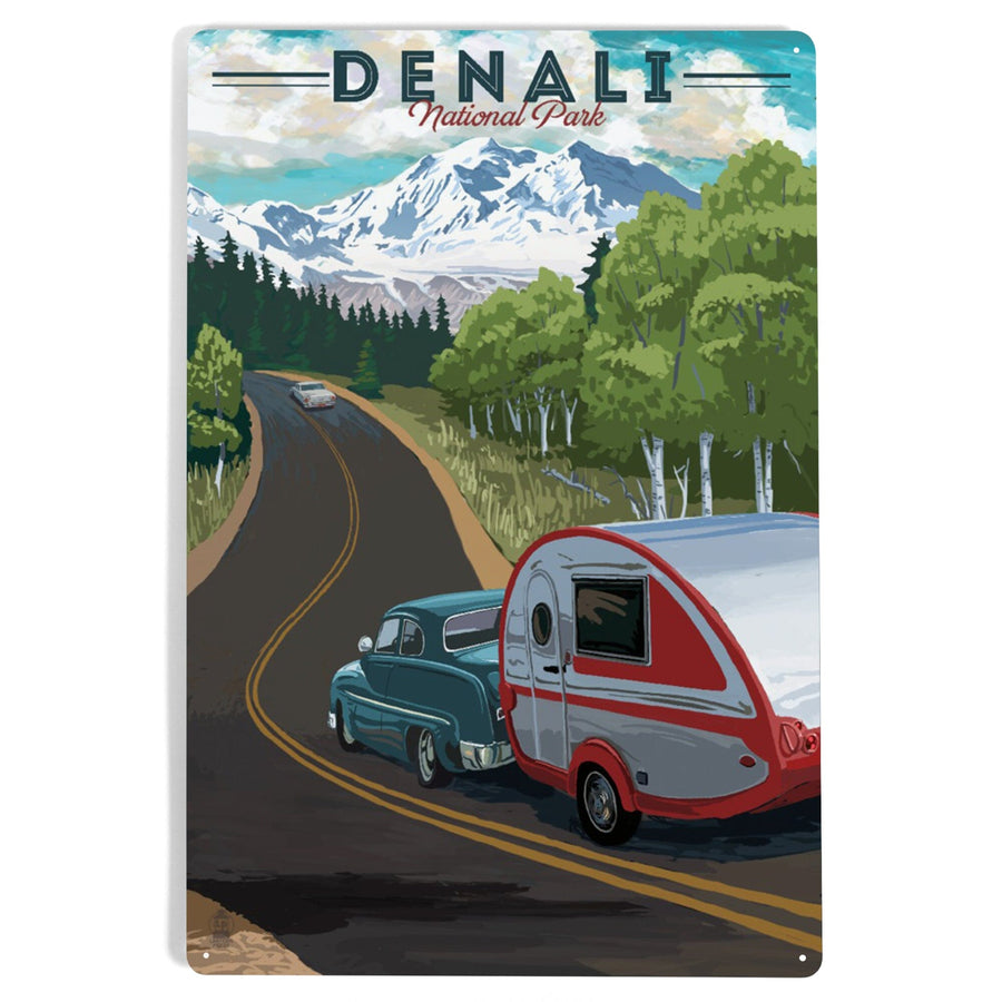 Denali National Park, Alaska, Retro Camper on Road, Metal Signs Metal Lantern Press 