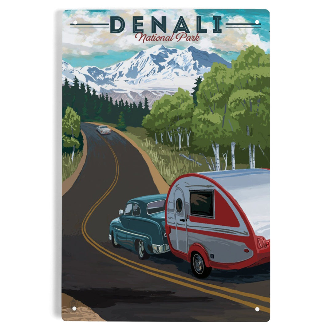 Denali National Park, Alaska, Retro Camper on Road, Metal Signs Metal Lantern Press 