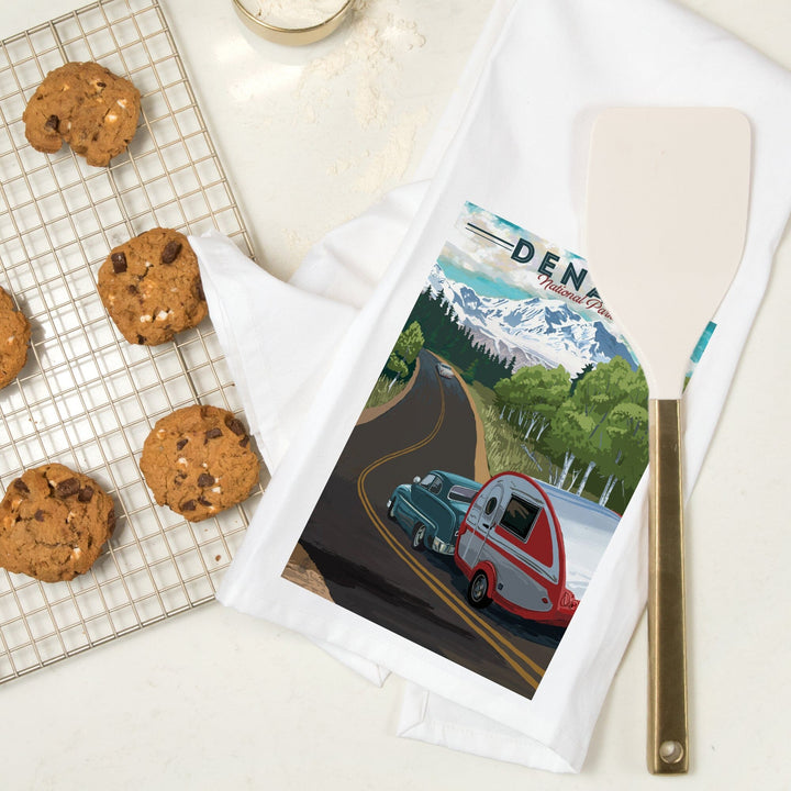 Denali National Park, Alaska, Retro Camper on Road, Organic Cotton Kitchen Tea Towels Kitchen Lantern Press 