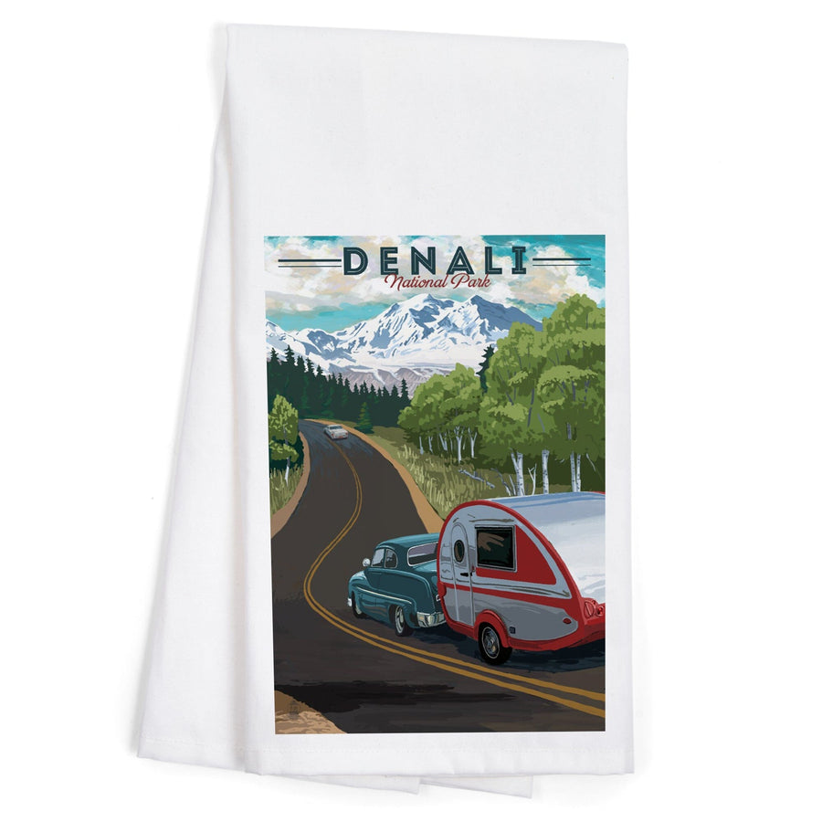 Denali National Park, Alaska, Retro Camper on Road, Organic Cotton Kitchen Tea Towels Kitchen Lantern Press 