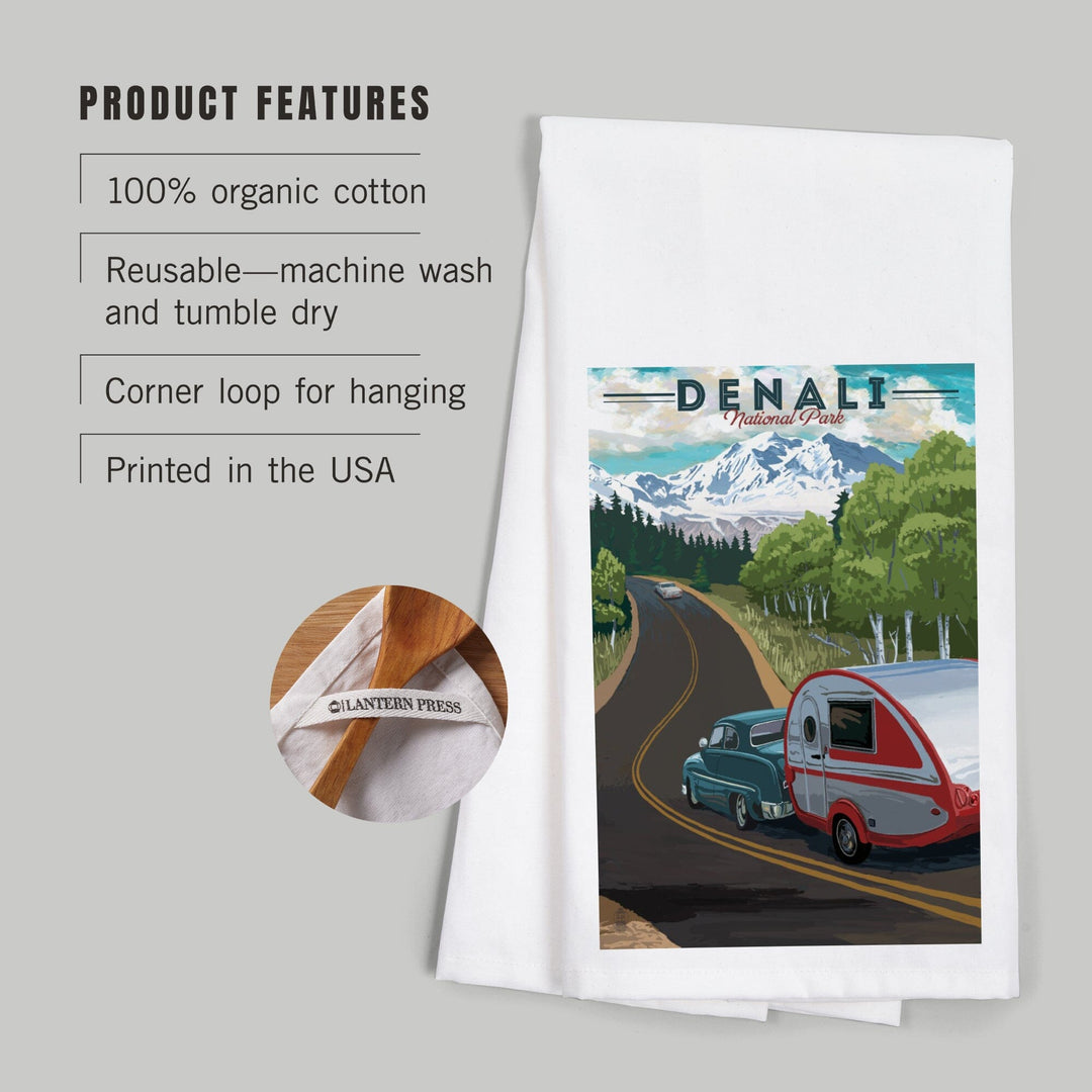 Denali National Park, Alaska, Retro Camper on Road, Organic Cotton Kitchen Tea Towels Kitchen Lantern Press 