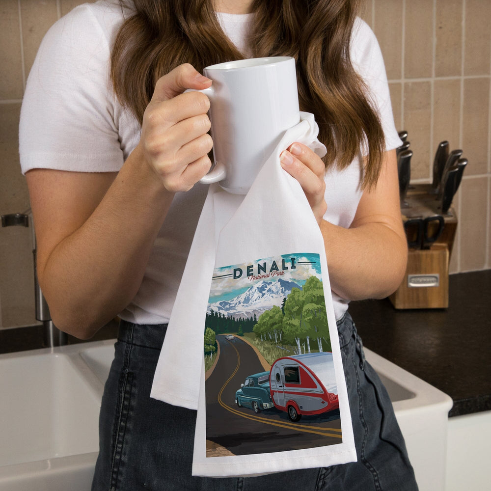 Denali National Park, Alaska, Retro Camper on Road, Organic Cotton Kitchen Tea Towels Kitchen Lantern Press 
