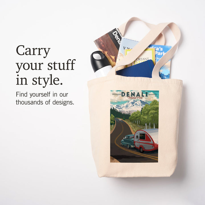 Denali National Park, Alaska, Retro Camper on Road, Tote Bag Totes Lantern Press 