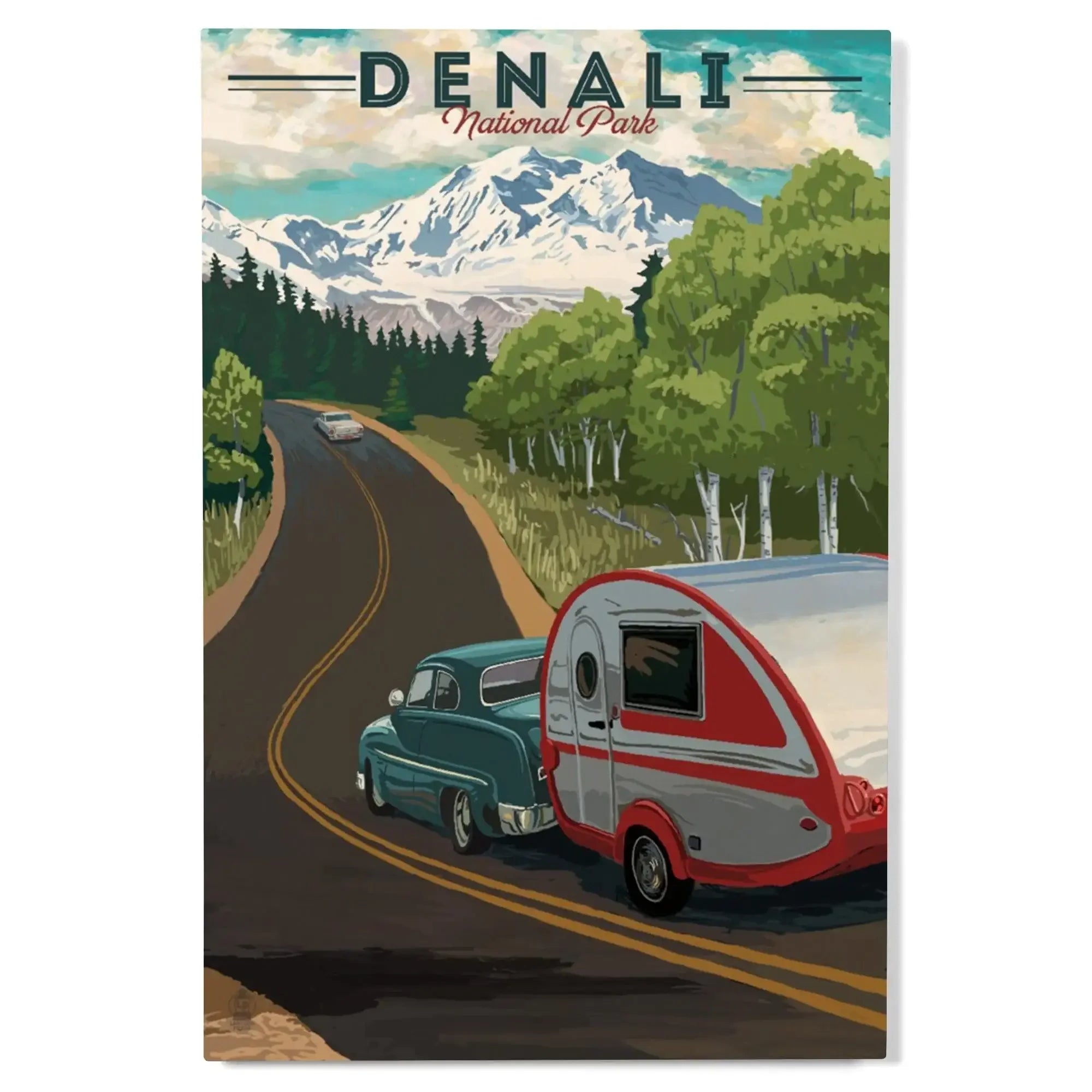 Denali National Park, Alaska, Retro Camper on Road wood signs and ...