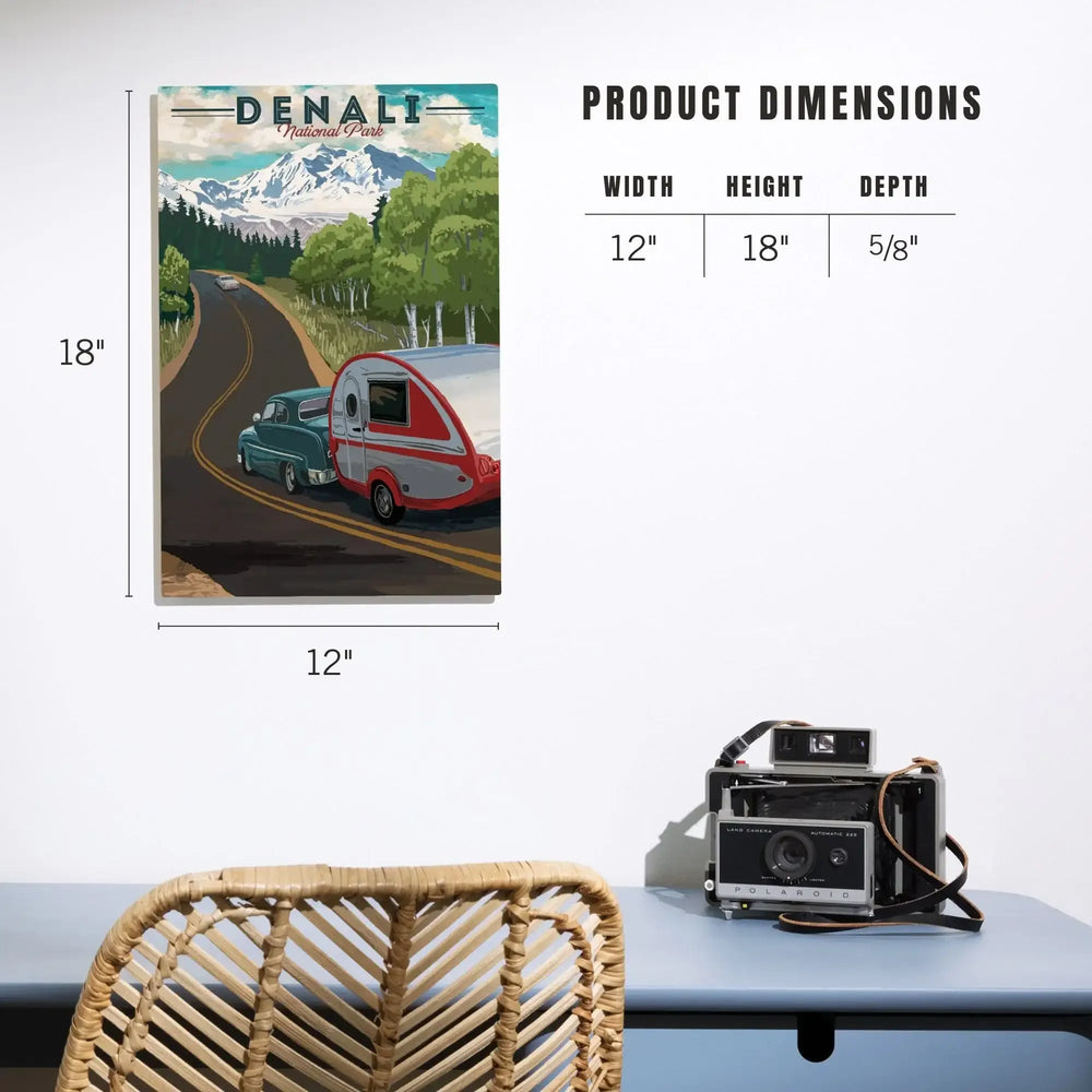 Denali National Park, Alaska, Retro Camper on Road, Wood Signs and Postcards Wood Lantern Press 