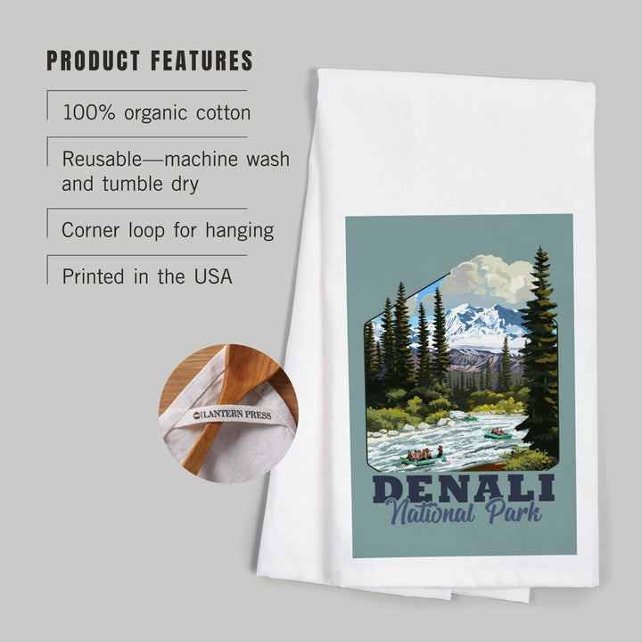 Denali National Park, Alaska, River Rafting, Contour, Organic Cotton Kitchen Tea Towels - Lantern Press