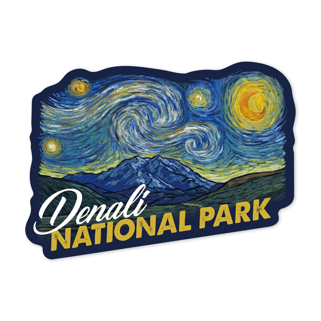 Denali National Park, Alaska, Starry Night National Park Series, Contour, Lantern Press Artwork, Vinyl Sticker Sticker Lantern Press 