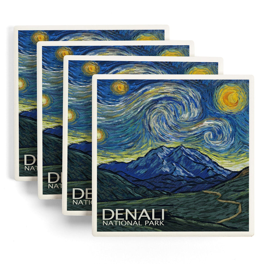 Denali National Park, Alaska, Starry Night National Park Series, Lantern Press Artwork, Coaster Set - Lantern Press