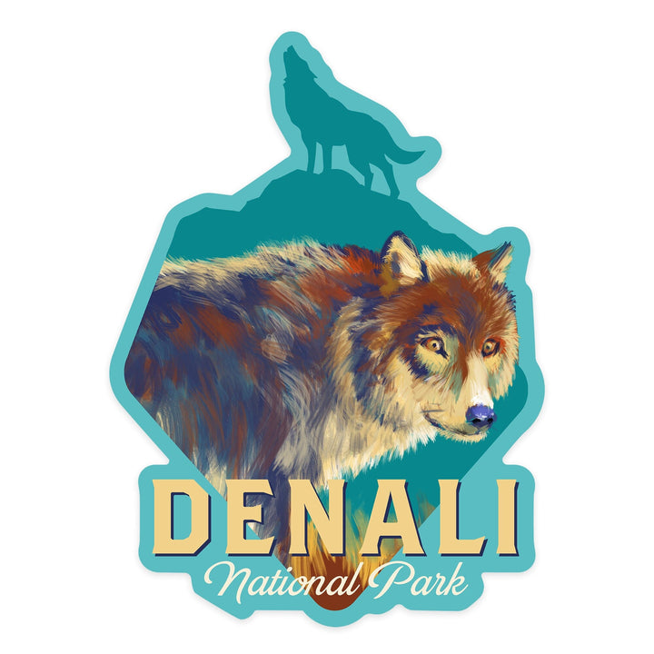 Denali National Park, Alaska, Wolf, Vivid Watercolor, Contour, Lantern Press Artwork, Vinyl Sticker - Lantern Press