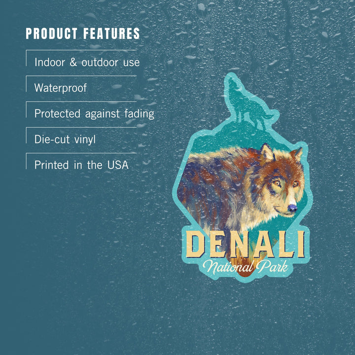 Denali National Park, Alaska, Wolf, Vivid Watercolor, Contour, Lantern Press Artwork, Vinyl Sticker - Lantern Press