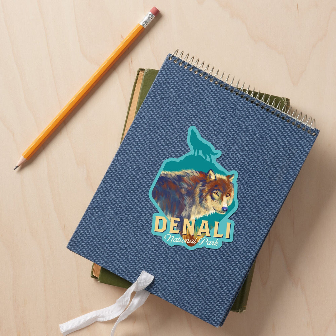 Denali National Park, Alaska, Wolf, Vivid Watercolor, Contour, Lantern Press Artwork, Vinyl Sticker - Lantern Press